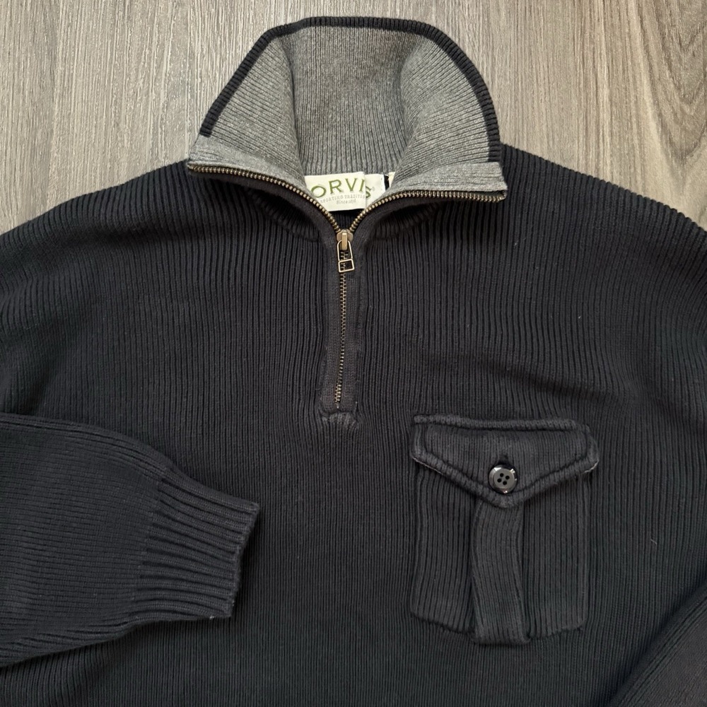 Orvis Sweater Mens Medium Blue Cotton 1/4 Zip Heavy Thick Elbow Patches